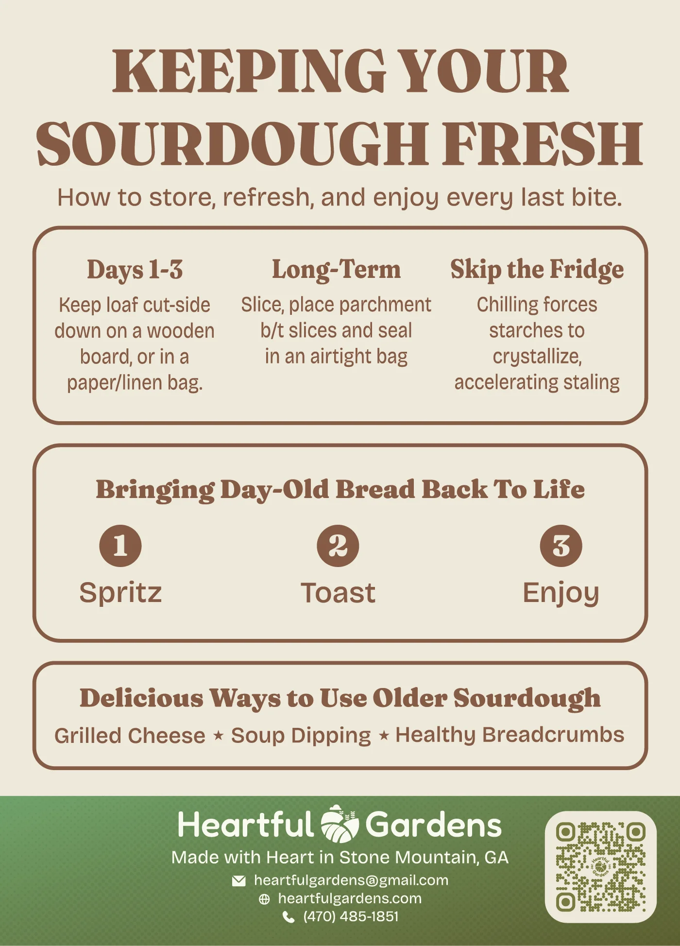 Keeping your sourdough fresh: how to store it for days 1–3 and long-term, why to skip the fridge, how to revive day-old bread — spritz, toast, enjoy — and delicious ways to use older sourdough.